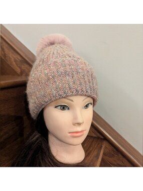 Norla Canada Pink multicoloured yarn cable knit beanie hat with faux fur pom pom